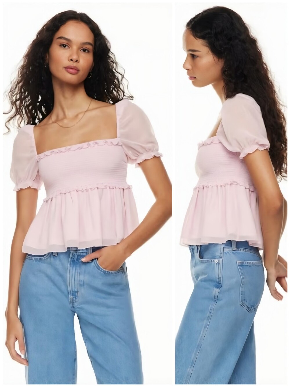 Aritzia Blush Pink Smocked Peplum Puff Sleeve Top
